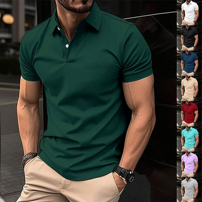 Polo d'été à manches courtes pour homme, couleur unie, boutonné, revers